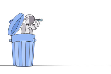 Continuous one line drawing astronaut emerges from a dumpster look for something with binoculars. Ensure material waste from space is not brought to earth. Single line draw design vector illustration