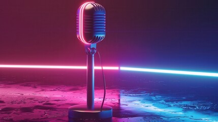 A vintage microphone illuminated with neon lights on a dark stage