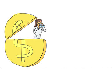 Single continuous line drawing businesswoman coming out of coin holding binocular. Looking for extra money for a decent life in old age. Looking for opportunity. One line design vector illustration