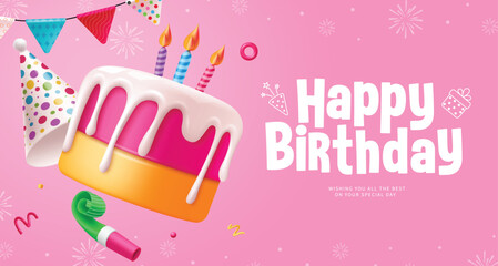 Happy birthday cake vector background design. Birthday greeting text with cake, candle, party hat, pennants and whistle decoration elements in pink background. Vector illustration invitation card 