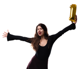 Joyful young woman celebrating with number one balloon