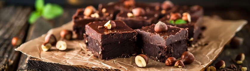 Obraz premium Close-up of rich, dark chocolate brownies with hazelnuts on a rustic wooden table.