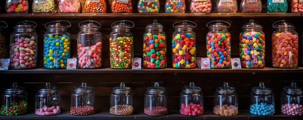 Fototapeta premium Colorful jars filled with assorted candies line a wooden shelf, evoking a sense of nostalgia and delight, reminiscent of an old-fashioned candy store.