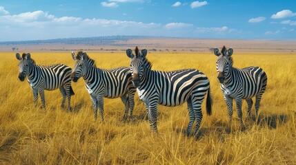 Obraz premium Three zebras in the savannah of Serengeti National Park, Tanzania