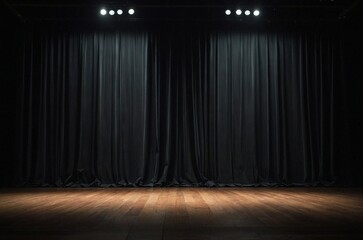 spotlight on a stage with black curtains draped down. wood floor.
