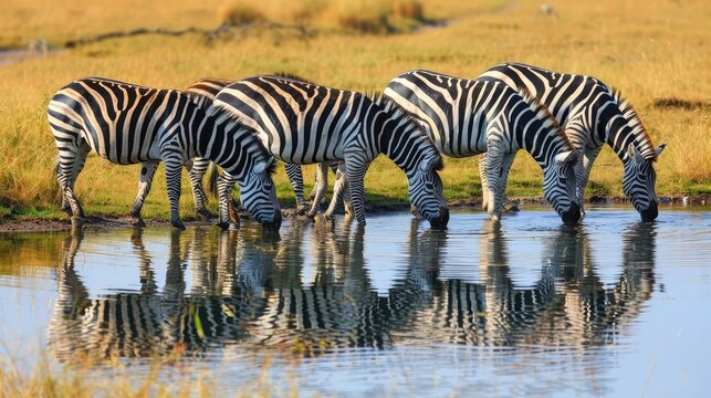 Plains zebra (Equus quagga) drinking at a waterhole in Amboseli National Park, Kenya