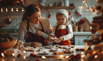 A mother and daughter enjoy quality time baking Christmas cookies in a joyful, festive kitchen. The atmosphere is filled with happiness and love as they create lasting memories together