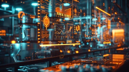 High-tech data center featuring holographic interfaces, advanced technology displays, and glowing data visualizations in a modern, futuristic setting.