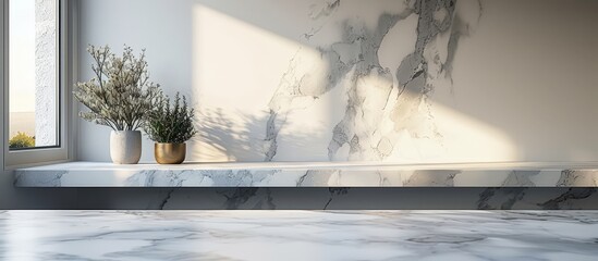 Elegant minimalist interior featuring marble surfaces, potted plants, and natural light streaming through a large window.