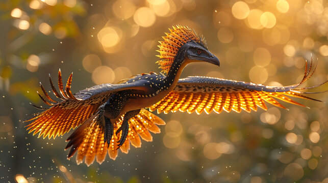 A microraptor with its long, feathered tail outstretched, gliding through the air amidst a canopy of trees, The image showcases the dinosaur's intricate plumage, the texture of the leaves.