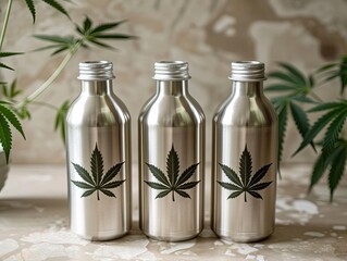 Aluminum bottles with brushed finishes and cannabis decor, placed on a light, textured surface Aluminum Bottles, elegant durability