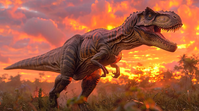 A troodon with its sharp teeth and claws, stalking its prey through a grassy plain against a vibrant sunrise background.  its focused gaze, and the gradient of orange, red, and purple hues in the sky