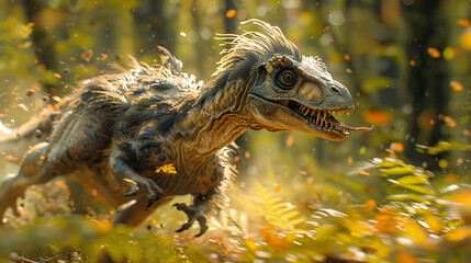 Obraz premium A deinonychus chasing a small prey animal through a dense forest, their feathers rustling against the leaves. the details of the dinosaurs' feathers, and the intricate foliage of the forest.