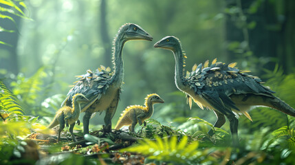 A family of compsognathus, with parents and their young chicks, foraging for food together in a lush green forest.  the texture of the forest floor, and the scattered leaves in realistic.