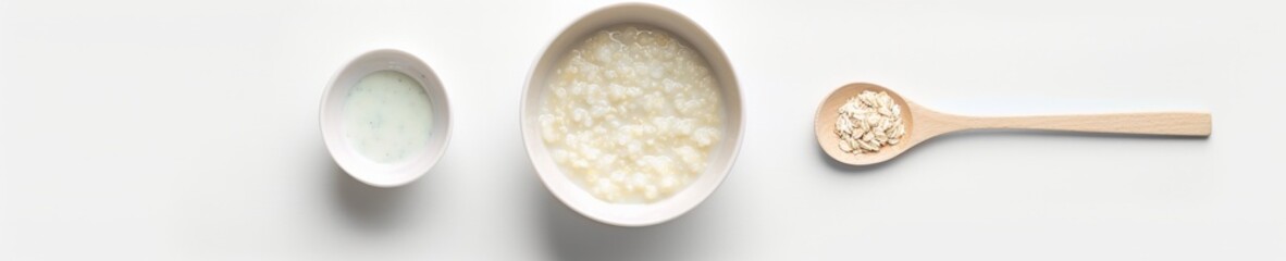 Creamy Homemade Porridge in a White Bowl with Spoon, Isolated on White Background - Simple and Healthy Breakfast Concept