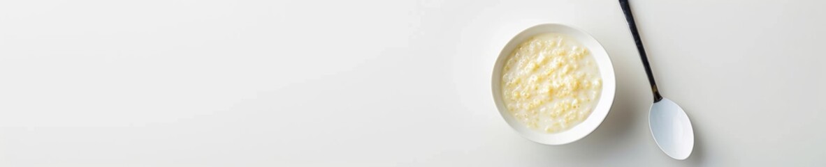 Simple Creamy Porridge in a White Bowl with Spoon on White Background, Focus on Texture and Simplicity of Breakfast Dish