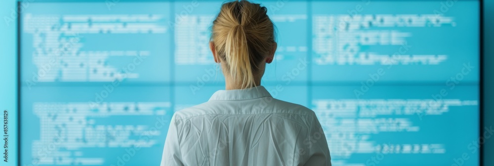 Poster Female Engineer Analyzing Complex Schematics on a Digital Screen in a High-Tech Laboratory