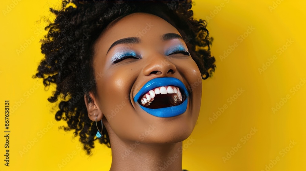 Wall mural A woman with blue hair and blue lipstick is smiling