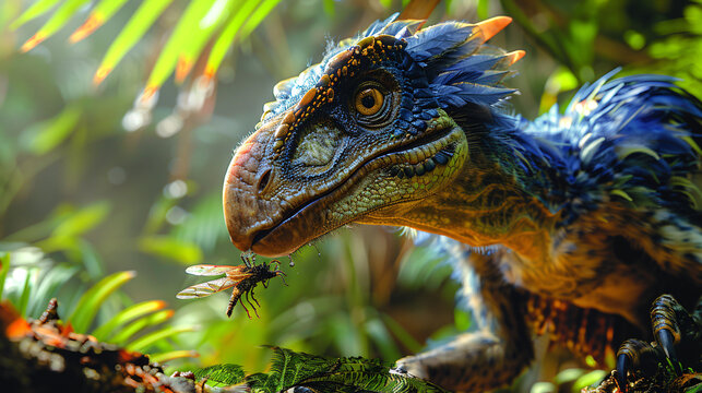 A microraptor perched on a branch, carefully plucking an insect from a leaf, The image showcases the dinosaur's sharp beak, delicate claws, and the intricate details of the insect in realistic.