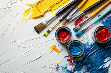 Fototapeta premium Paint cans and brushes on a white background