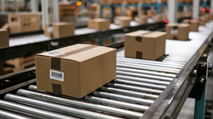 Cardboard boxes moving on an automated conveyor belt in a modern distribution warehouse, showcasing logistics and shipping processes.