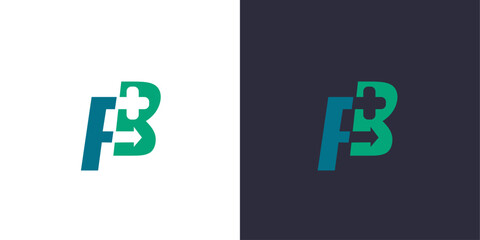 Letter F and B logo monogram, minimal style identity initial logo mark with a medical cross and an arrow. vector emblem green and blue logotype for business cards initials.
