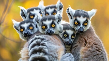 A group of lemurs are huddled together, with one of them looking at the camera