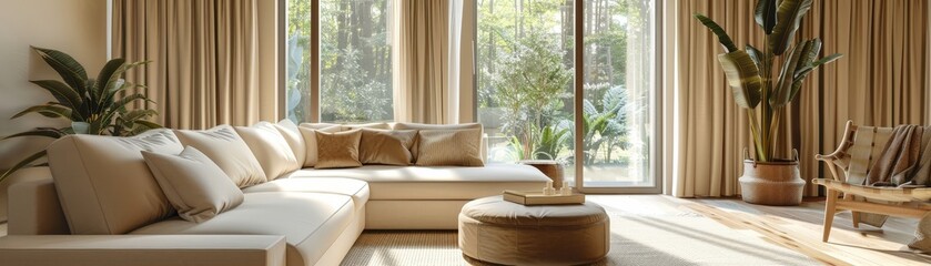 Fototapeta premium A beautifully designed modern living room featuring large windows, natural light, and comfortable furniture with neutral tones.
