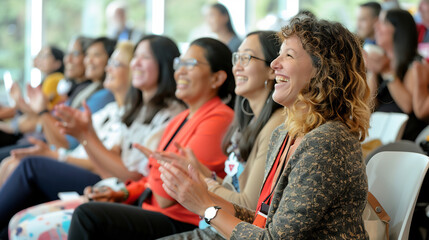 Side view of a diverse audience clapping and smiling during a conference, focus on expressions of enjoyment and engagement