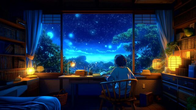 Cozy study room with books, desk lamp, large window showing moonlit cityscape, and anime girl doing homework for lofi background music