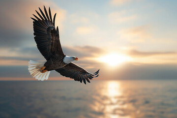 An American bald eagle soaring high in the sky with the sun setting in the background, symbolizing freedom and patriotism, majestic and powerful.