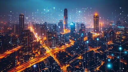 The illuminated cityscape at night is highlighted by an intricate digital network overlay, showcasing interconnectedness in a modern urban environment.