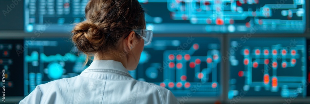 Poster female engineer analyzing digital schematics in high-tech lab, focus on innovation and technology