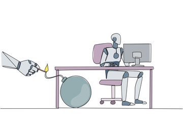 Single one line drawing smart robot typing at a computer desk. Trapped by business partner. A bomb that could explode at any time. Betrayed by a colleague. Continuous line design graphic illustration