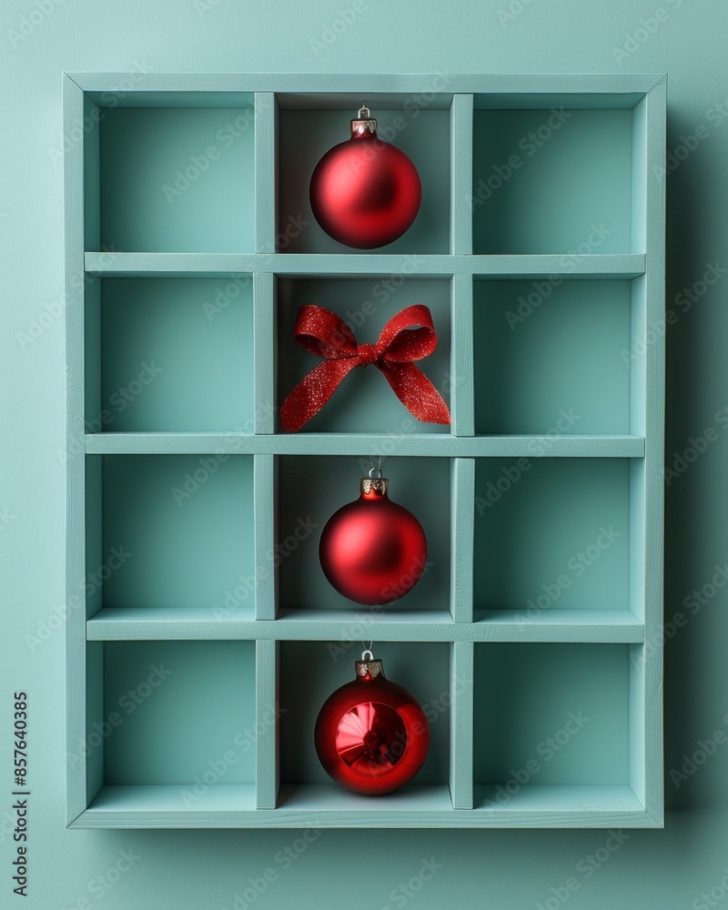 Poster minimalist christmas ornaments display in light blue grid, featuring red ribbon and soft shadows