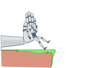 Single one line drawing smart robot standing on the edge of a cliff. Something big wants to bring down the business. Invisible enemy. Bring down competitor. Continuous line design graphic illustration