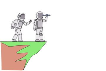 Single one line drawing the astronaut monitoring something at the edge of cliff using binocular. Monitoring business. Taken down by traitor from behind. Continuous line design graphic illustration