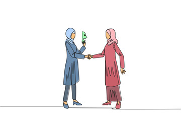 Continuous one line drawing two Arabian businesswomen shaking hands. One of them has two faces. Full of falsehood. Fake friend. Worst teamwork. Betrayal. Single line draw design vector illustration