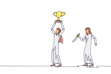 Single one line drawing Arab businessman standing lifting trophy. Business friends prepare to stab in the back. Unhealthy business competition. The traitor. Continuous line design graphic illustration