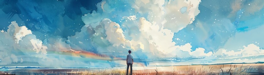 Man stands on field under dramatic, vibrant sky filled with colorful clouds. Beautiful landscape with vast, open sky and horizon.