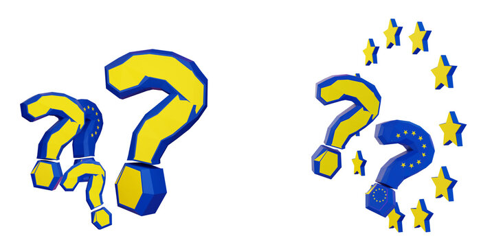 quesiton marks in the color style of the flag of Europe, european question mark  as warnign or problems or unsolved, small shadows, isolated, stars 
