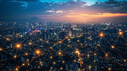Fototapeta premium A vibrant city illuminated by interconnected lights under an orange sky, showcasing the urban landscape wrapped in technological advancement and digital connectivity.