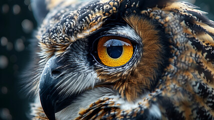 Animal eye staring close up portrait of a majestic eagle owl, AI Generative.