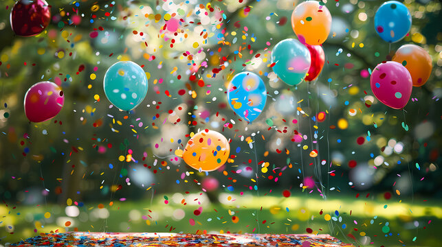 Colorful balloons and confetti for outdoor party