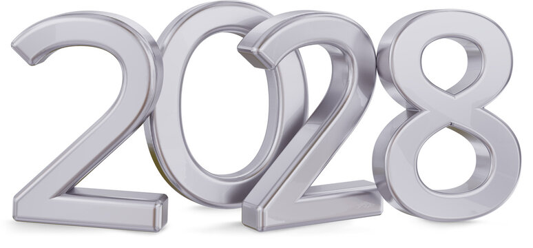 year 2028 as number, silver metallic letters in regular font width, isolated