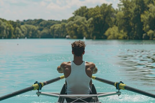 Rear view of a rower in a boat on a tranquil lake surrounded by lush green trees, enjoying an outdoor activity on a sunny day.
