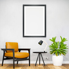 Mockup frame on table in living room interior on empty white wall background.