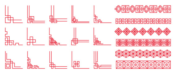 Chinese frame corner ornament vector set. Traditional decorative elements with line, corner, frame, header, pattern. Illustration of elegant design suitable for card, invitation, poster, cover