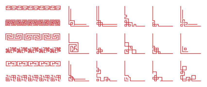 Chinese frame corner ornament vector set. Traditional decorative elements with line, corner, frame, header, pattern. Illustration of elegant design suitable for card, invitation, poster, cover