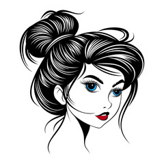 Silhouette of a woman long hairstyle blue eyes and red lips, vector illustration